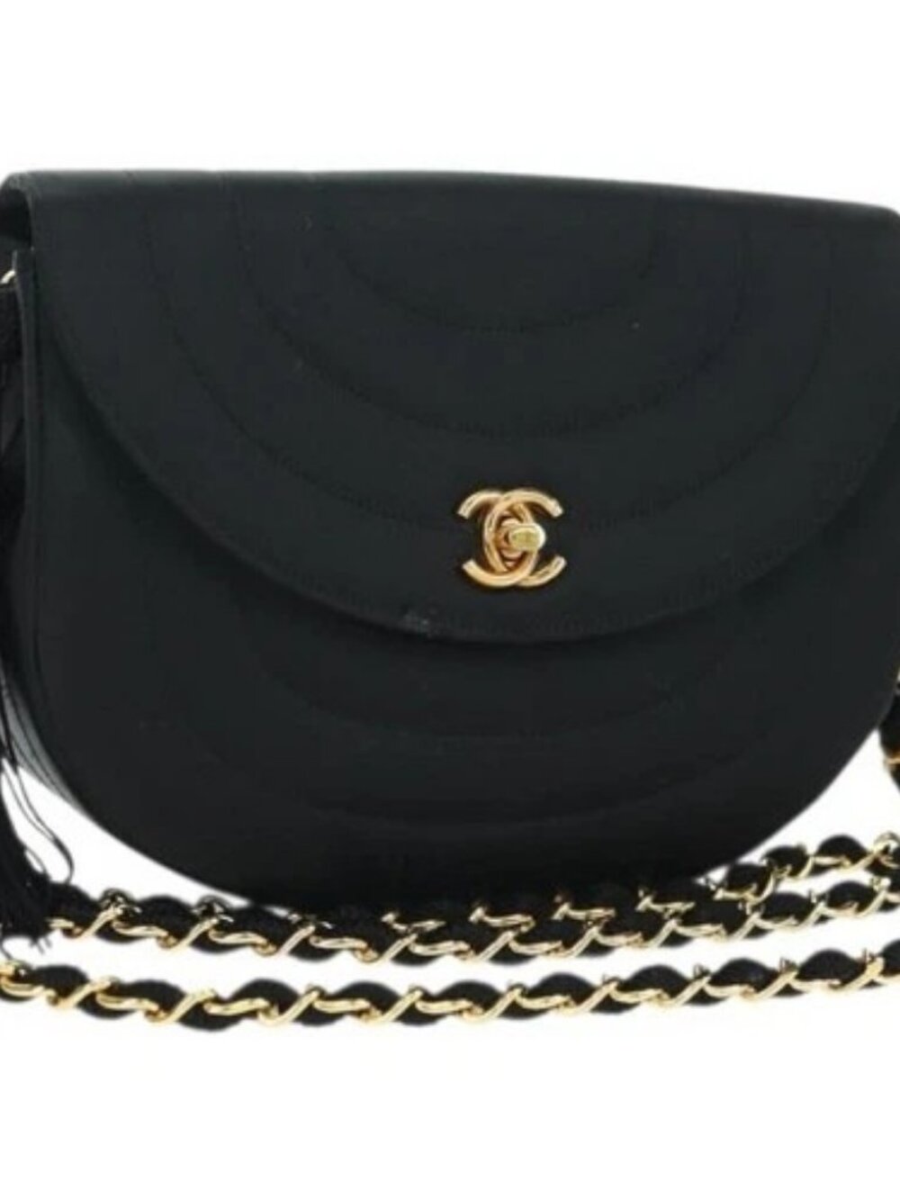 CHANEL Half Moon Chain Shoulder Bag Satin Black Gold CC Auth 179055SAV